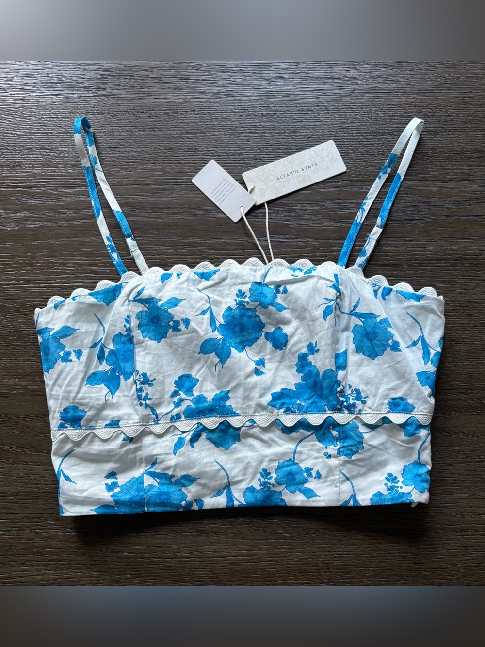 Altar'd State White Tank with Bright Blue Floral Print